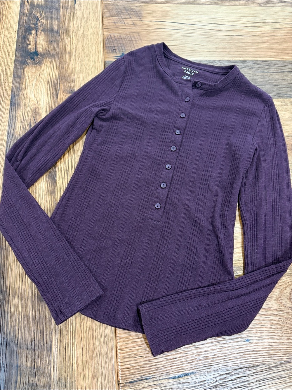American Eagle Outfitters Women's Plum Ribbed Long-Sleeve Henley